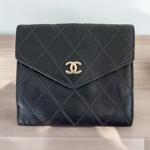 Authentic CHANEL Black Quilted Wild Stitch Leather Compact Wallet with Card